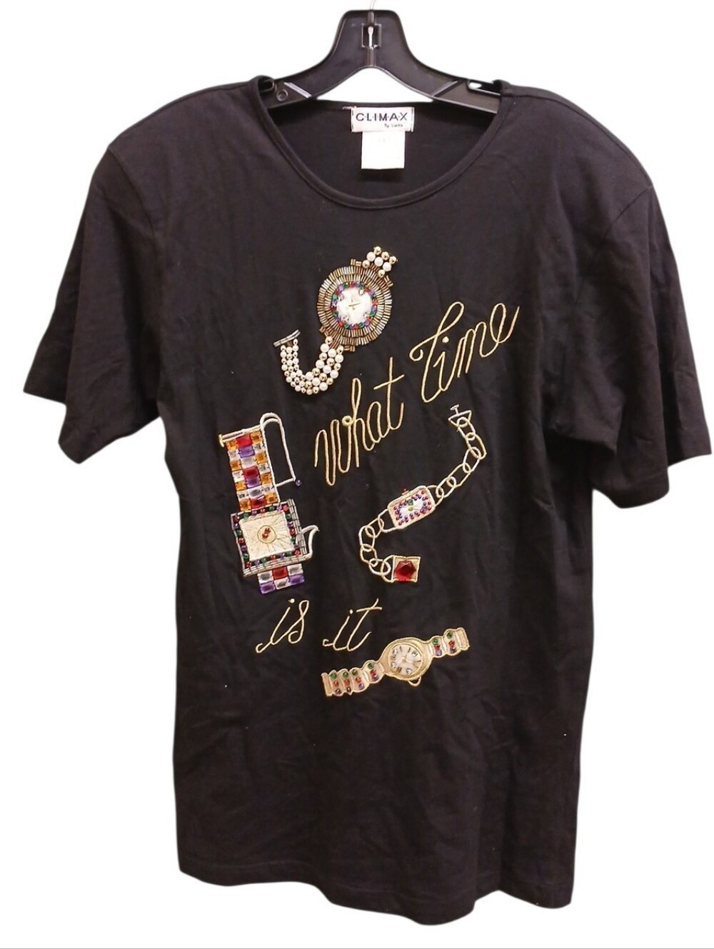 Climax By Sacha Vintage Black Short-Sleeve Tee with Watch & Jewelry Motif Small